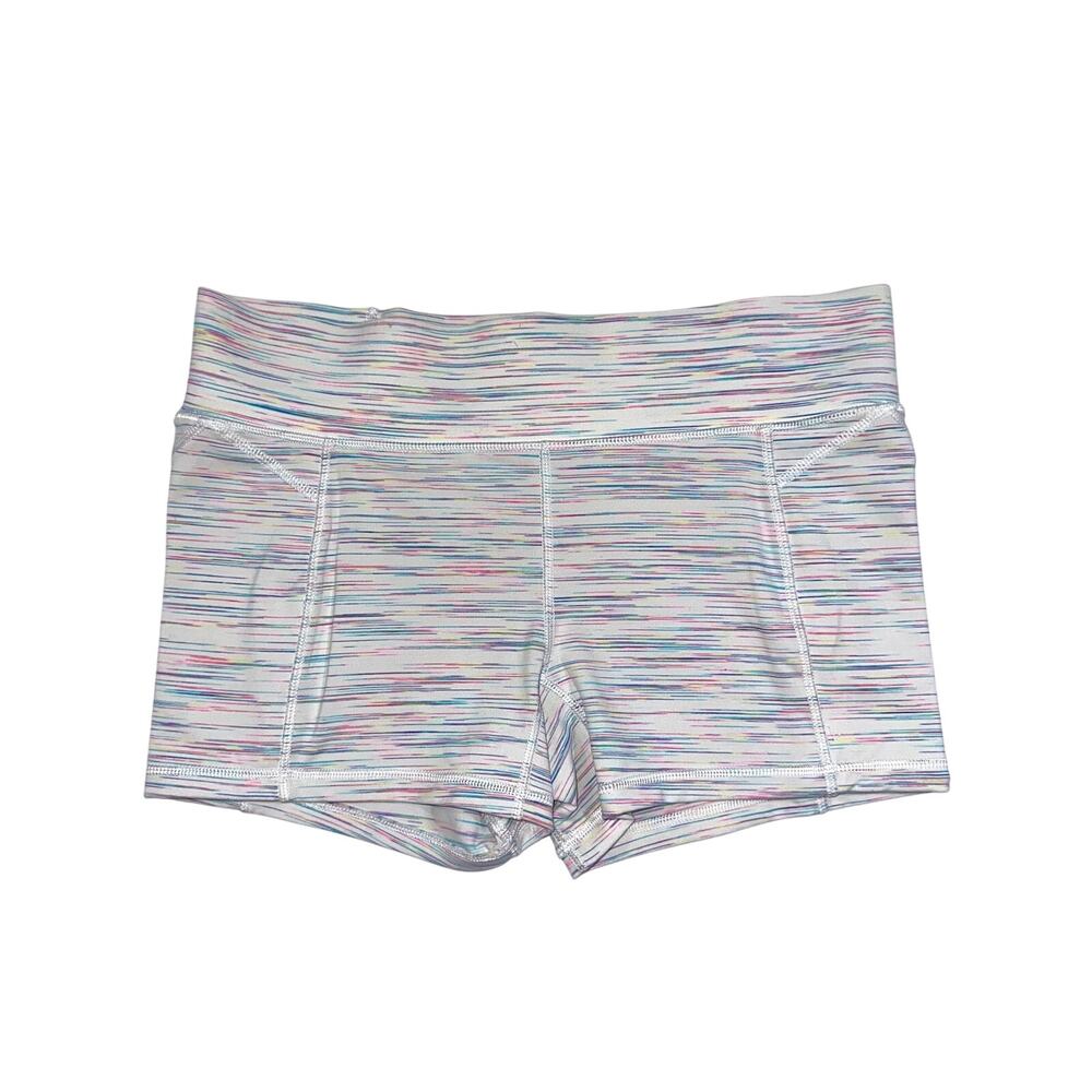 Ivivva Lululemon Girls Rhythmic White Pink Blue Space Dye Athletic Shorts 12